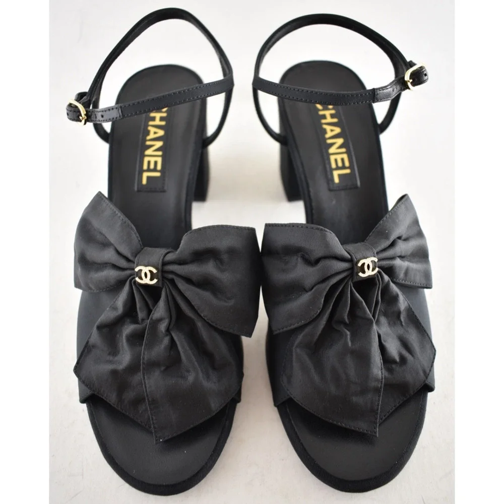 Chanel 24A Black Silk Bow Crystal CC Logo Ankle Strap Block Heel Sandals 42 - Picture 8 of 16